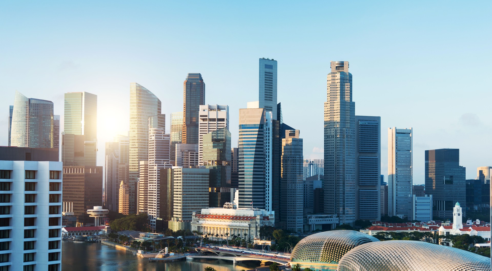 View of Singapore business district in a sunny day